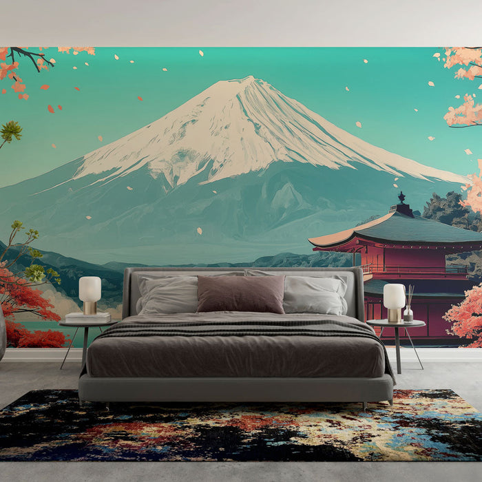 Ταπετσαρία τοίχου βουνό | Πανοραμική θέα του Όρους Φούτζι περιτριγυρισμένο από ανθισμένες κερασιές