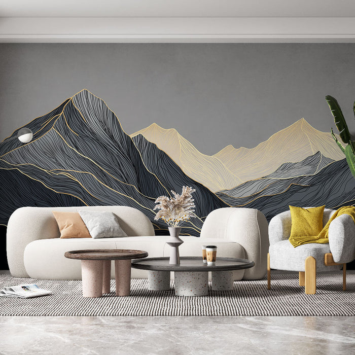 Tapet peisaj abstract muntos | Contururi aurii pe tonuri de negru și gri