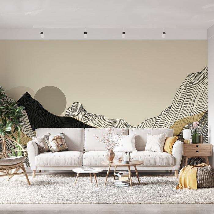 Fototapete abstrakte Berge | Minimalistisches Design mit goldenen und schwarzen Linien auf hellem Hintergrund