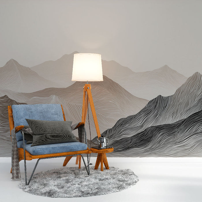 Foto Behang abstracte bergen | Grafische lijn in neutrale tinten