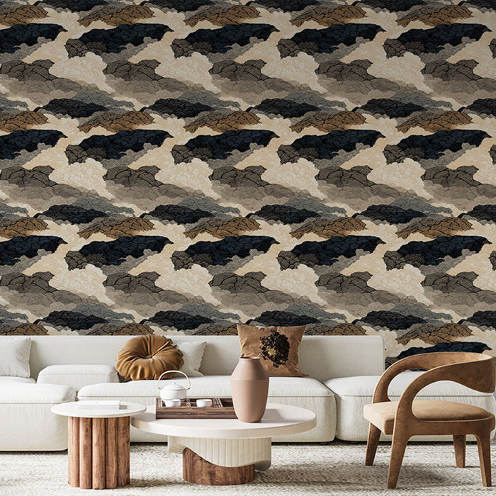 Tapete abstrakte Berge | Zeitloses Muster von Felsen und Wolken in natürlichen Tönen