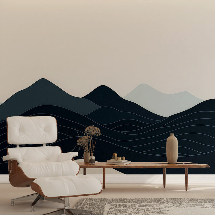 Papel pintado abstracto montañas | Olas ondulantes y tonos de azul