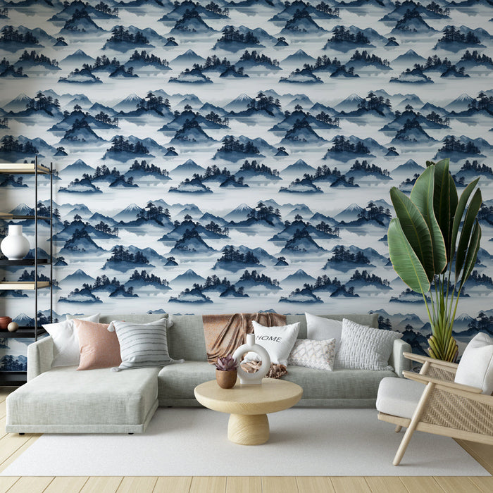 Fototapet fjell vannfarge | Fjellandskapsmønster i blåtoner