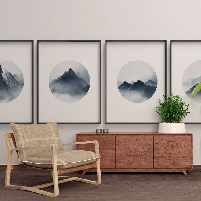 Mural Wallpaper watercolor mountains | Four circles of misty mountain landscapes