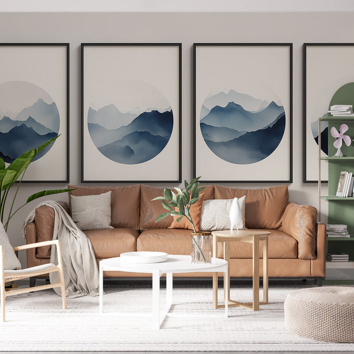 Tapeta z malowidłem ścienne wodnymi górami | Cztery krajobrazy górskie w eleganckich okręgach