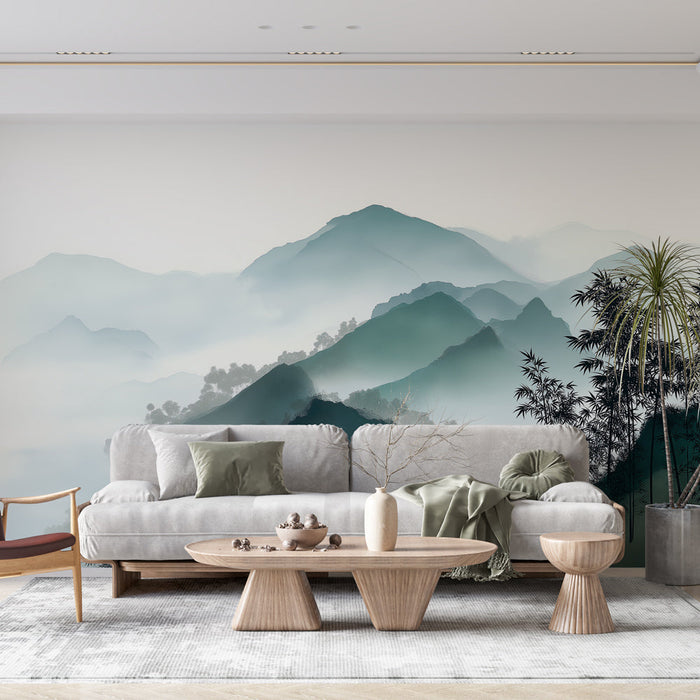 Papel pintado de montaña brumosa | Paisaje relajante con colinas y bambú