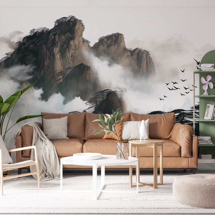 Tapete мъгливи планини | Величествен пейзаж със стръмни върхове и древни дървета