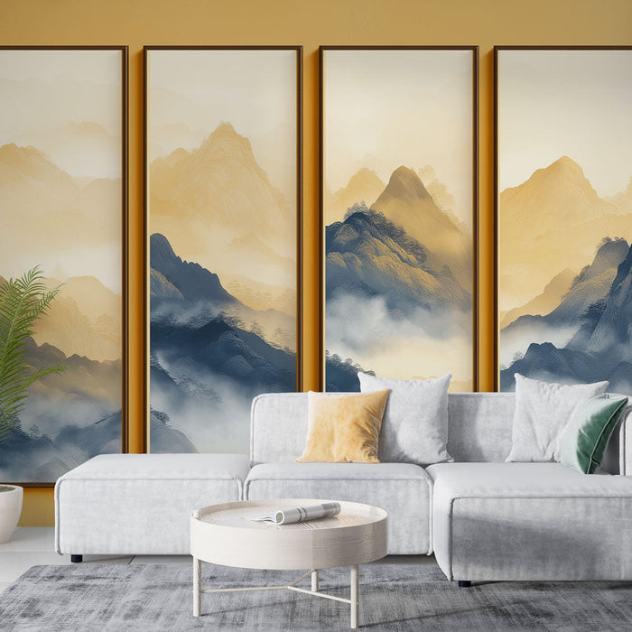 Ταπετσαρία τοίχου ομιχλώδη βουνά | Καταπραϋντικά τοπία με χρυσές και μπλε αποχρώσεις