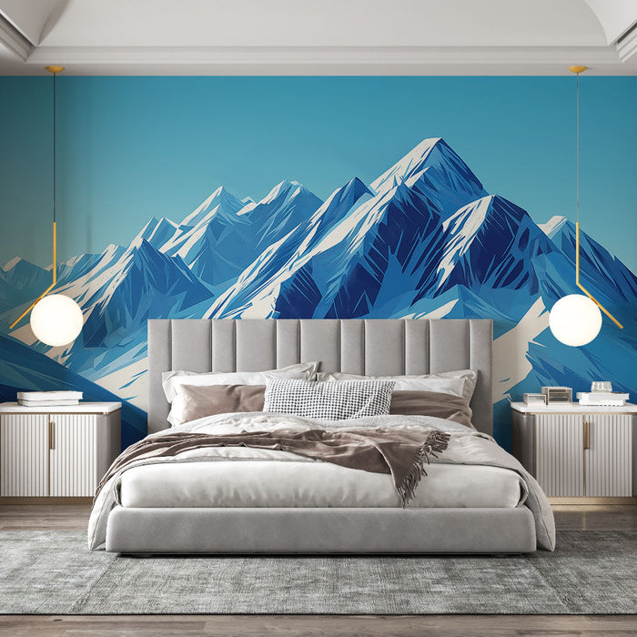 Ταπετσαρία τοιχογραφίας χιονισμένα βουνά | Στυλιζαρισμένο αλπικό τοπίο σε αποχρώσεις του μπλε