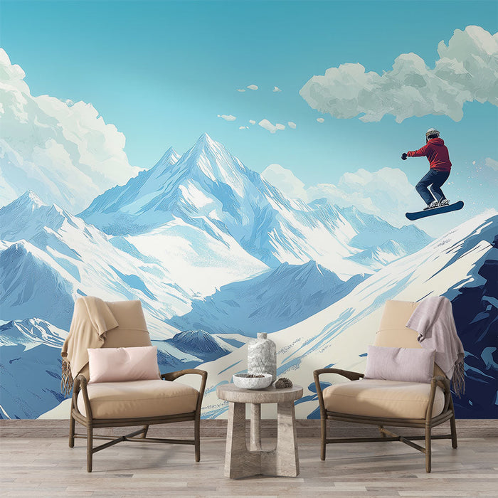 Carta da parati montagne innevate | Uno snowboarder in volo sopra le maestose vette