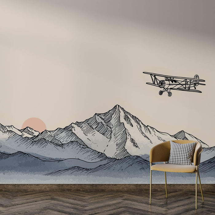 Fototapet gora in letalo | Pokrajina gora z vintage letalom, ki leti