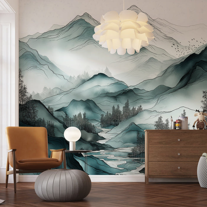 Fototapet dağlar ve bambu | Zarif dağlar ve bambu manzaralı