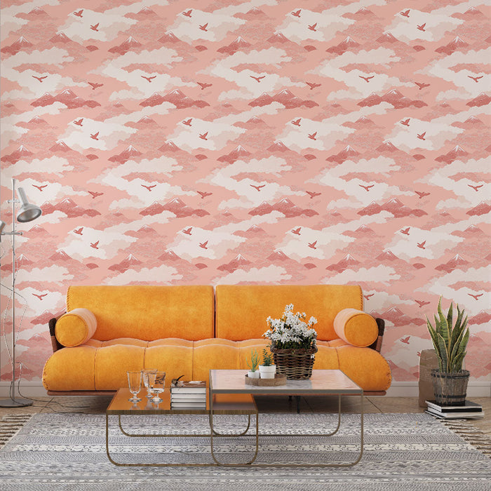 Mural Wallpaper mountains and clouds | Pink mountain patterns with clouds and flying birds