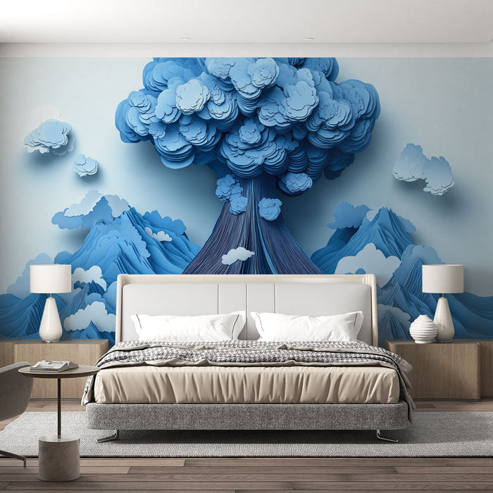 Muraaltapeet mäed ja pilved | Stiliseeritud maastik lõigatud paberis sinistes toonides
