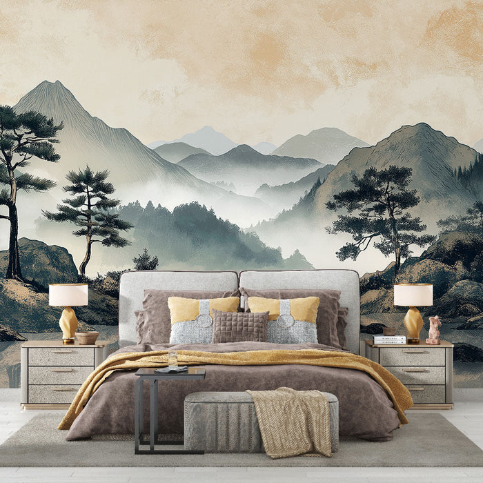 Papel de parede montanhas e rios | Paisagem serena com árvores e neblina