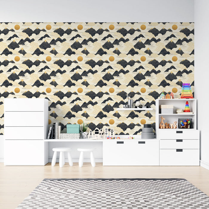 Fotótapé hegyek és nap | Grafikus minta hegyekkel, felhőkkel és arany napokkal