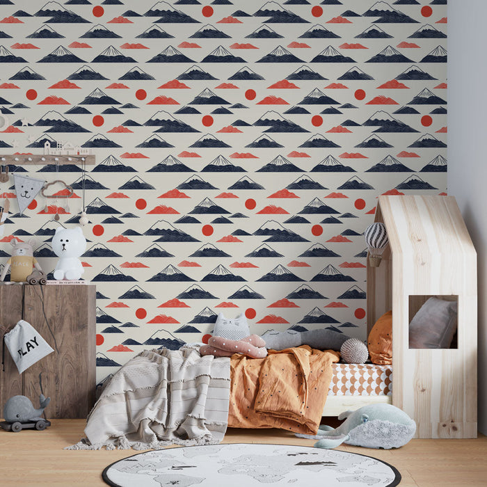 Tapete Berge und Sonne | Stilisiertes Motiv von Bergen und roten Kreisen