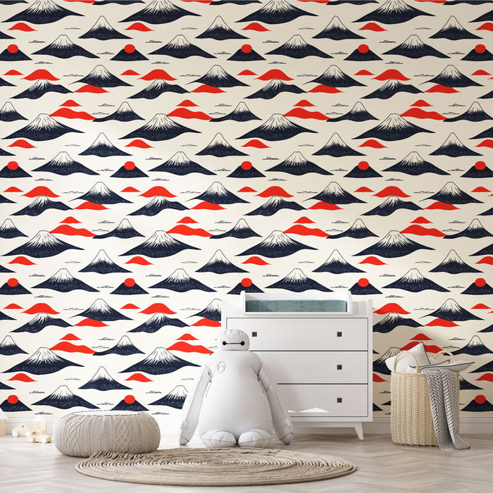 Tapeta z japońskimi górami | Motywy górskie i czerwone słońce na jasnym tle