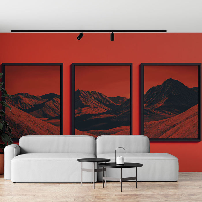Fototapet glødende-fjell | Stilisert fjellandskap i røde nyanser