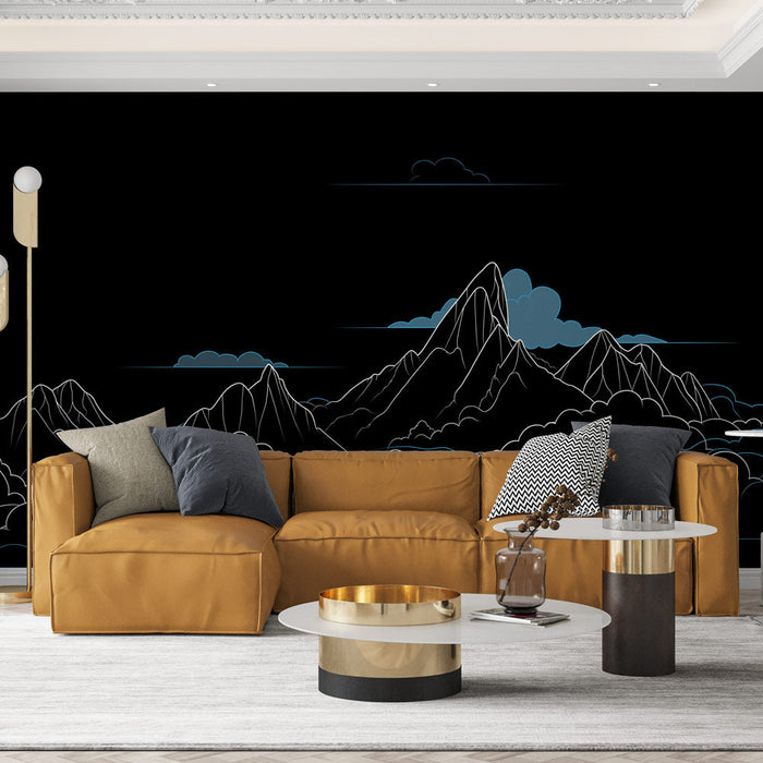 Fototapet bjerge | Silhuetter af hvide bjerge på en sort baggrund med himmelblå skyer