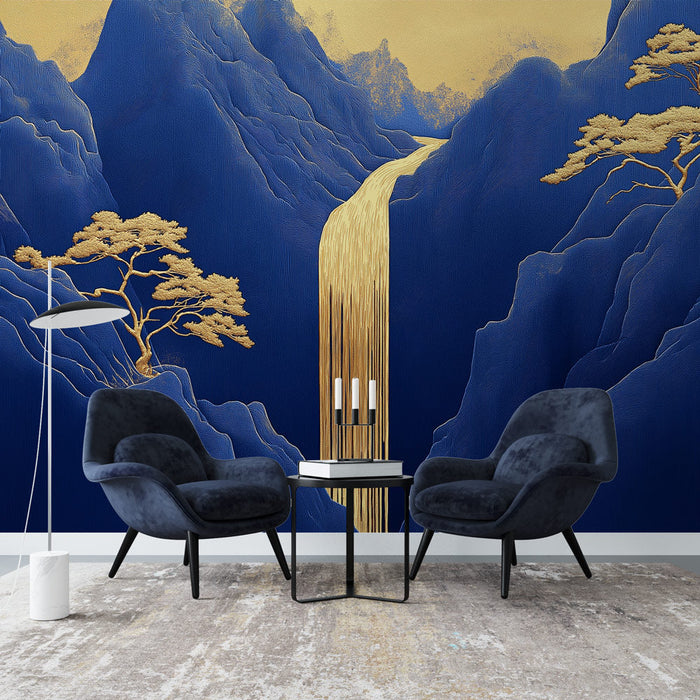 Carta da parati montuosa | Cascata dorata su sfondo blu profondo