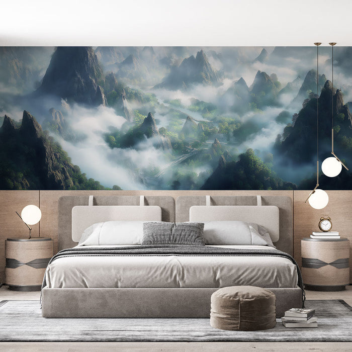 Papel de parede montanhoso | Paisagem enevoada com picos majestosos
