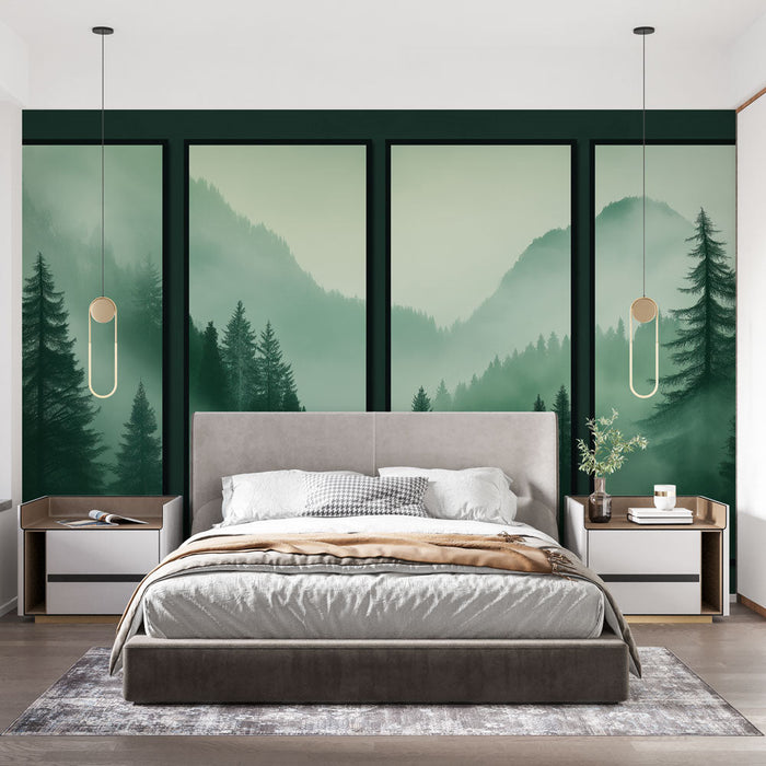 Tapetti vuoristoinen | Sumuiset maisemat vehreän metsän kanssa