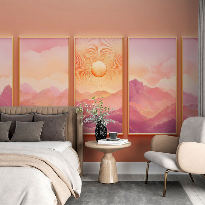 Carta da parati montuosa | Paesaggio pastello con sole che sorge