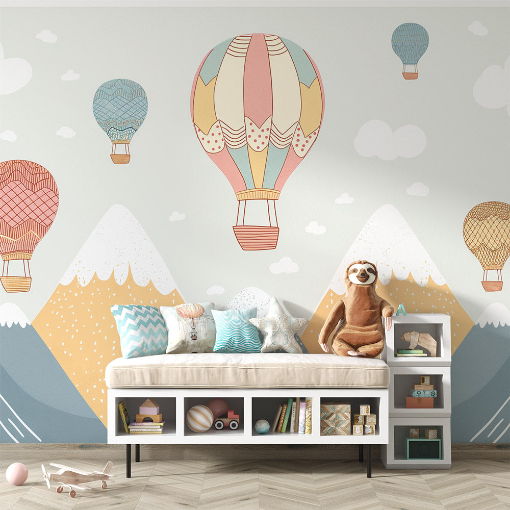 Hot Air Balloon Mural Wallpaper | Elephant Adventure in Vintage Stripes main image 1