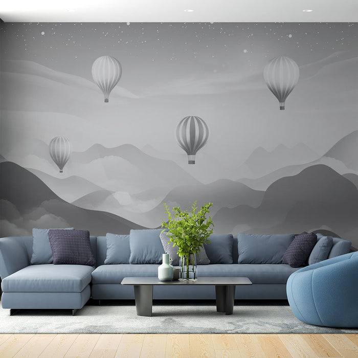Mural Wallpaper hot air balloon | Black and white starry sky