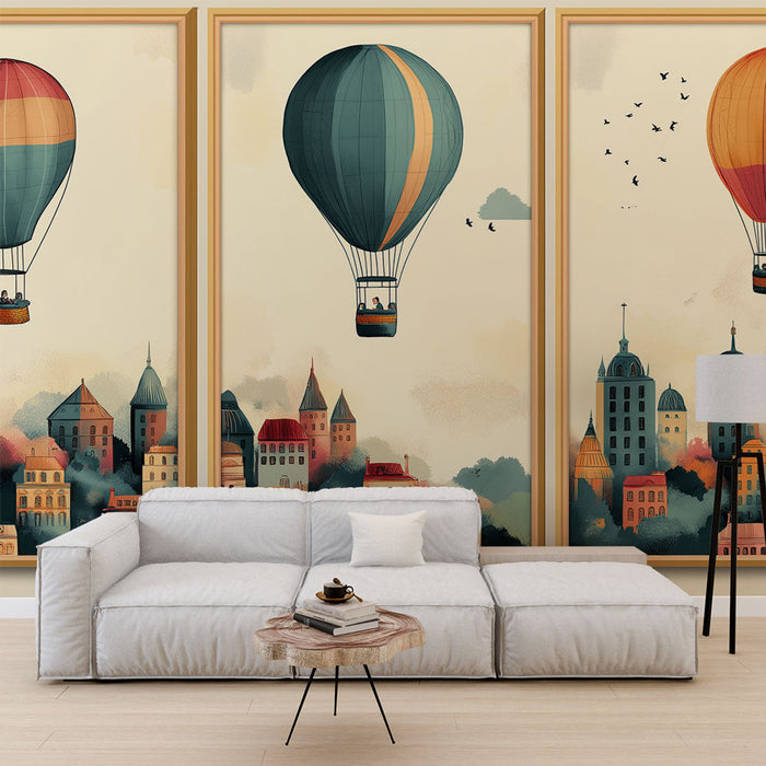 Mural Wallpaper montgolfière | Enchanting urban scene with colorful balloons