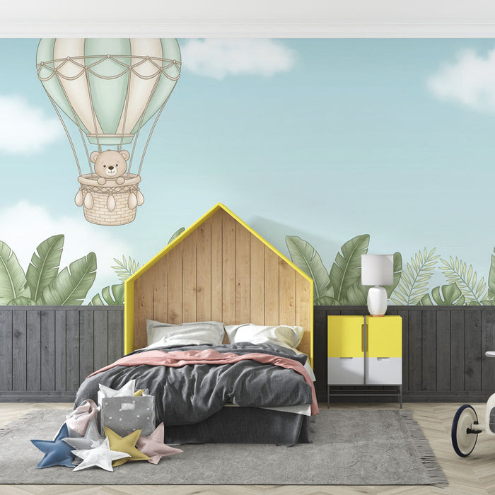 Fototapet balon na vrući zrak | Simpatični medvjed u balonu na vrući zrak usred tropskog lišća