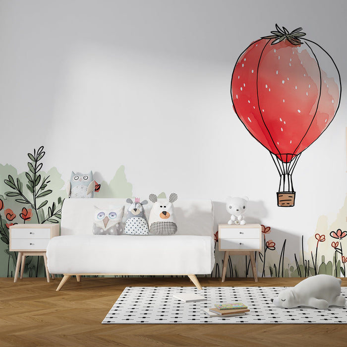 Тапет с мурал въздушен балон | Червен въздушен балон по средата на нежни цветя