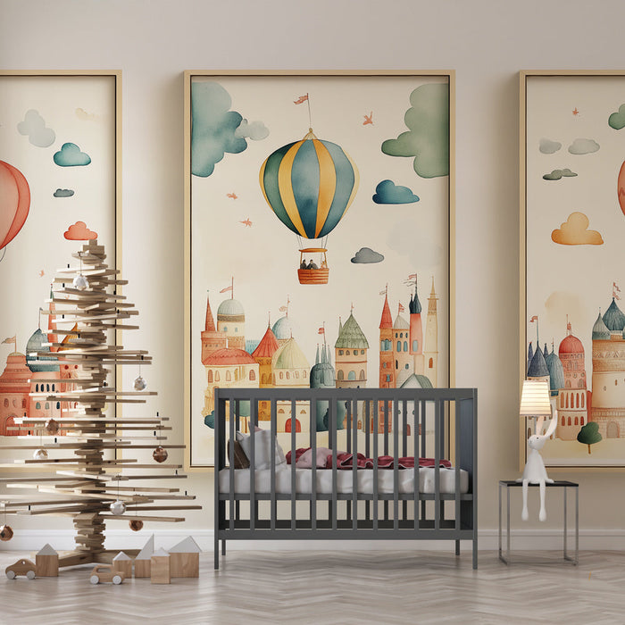 Papel pintado montgolfières | Encantadoras ilustraciones de una ciudad de cuento de hadas con coloridos globos aerostáticos.