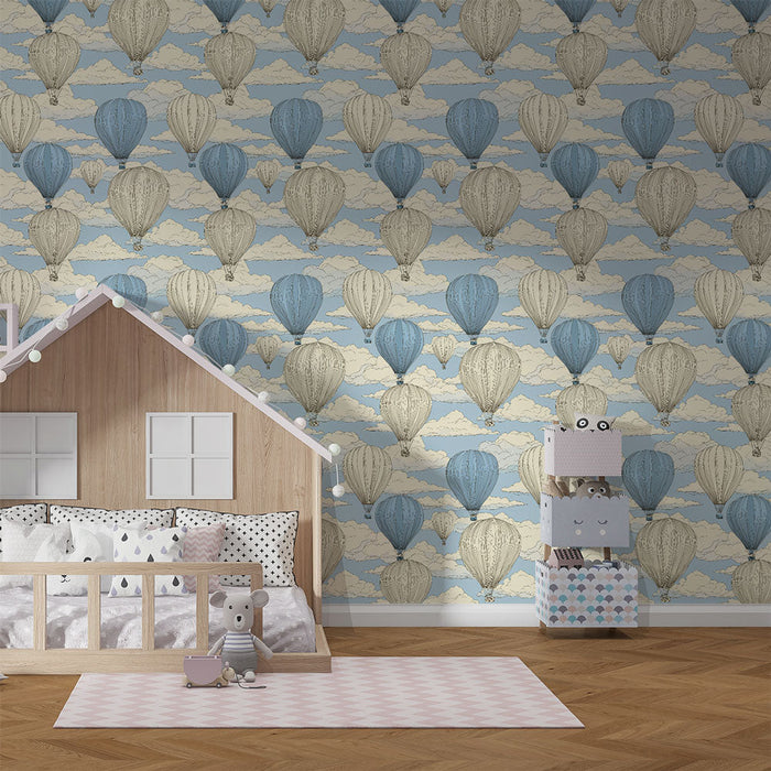 Carta da parati mongolfiere | Elegante motivo di mongolfiere su sfondo nuvoloso blu