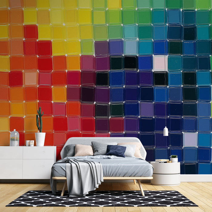 Tapet farverig mosaik | Livlig eksplosion af farver i kvadratiske nuancer