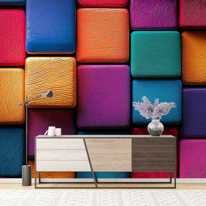 Ταπετσαρία τοιχογραφίας πολύχρωμο μωσαϊκό | Φωτεινά χρωματιστά μοτίβα μπλοκ και ποικίλες υφές