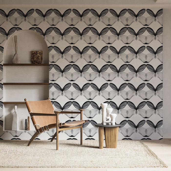 Fototapet abstrakt mønster | Monokromt design med stiliserede mønstre, der ligner ansigter