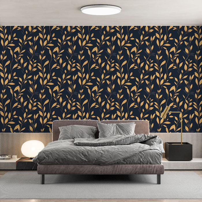 Tapeta s květinovým motivem ve zlaté barvě | Elegantní zlaté listy na tmavě modrém pozadí