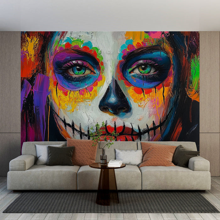 Ταπετσαρία τοίχου pattern day of the dead | Πολύχρωμο πρόσωπο με μακιγιάζ calavera
