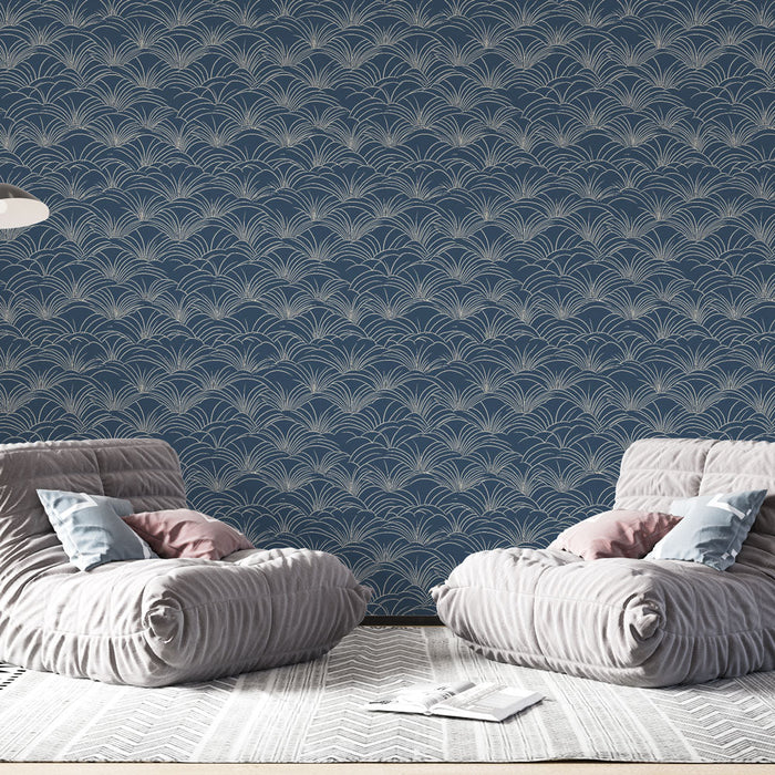 Tapetti aaltoileva kuvio | Elegantit valkoiset aallot tummansinisellä taustalla