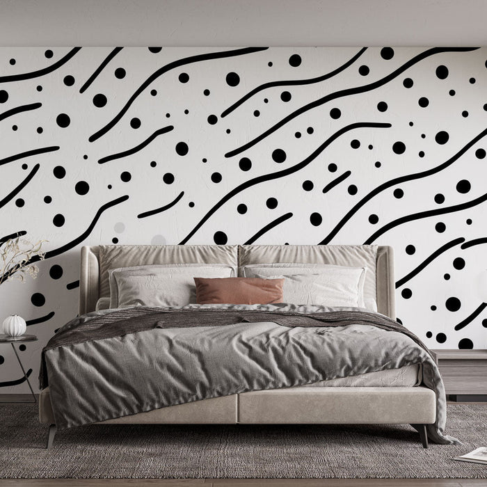 Fototapet abstrakta mönster | Vågiga linjer och svarta cirklar på vit bakgrund