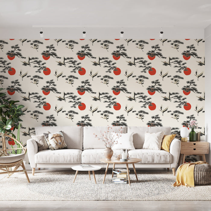 Tapete Asiatische Motive | Kraniche, Kiefern und aufgehende Sonne auf hellem Hintergrund