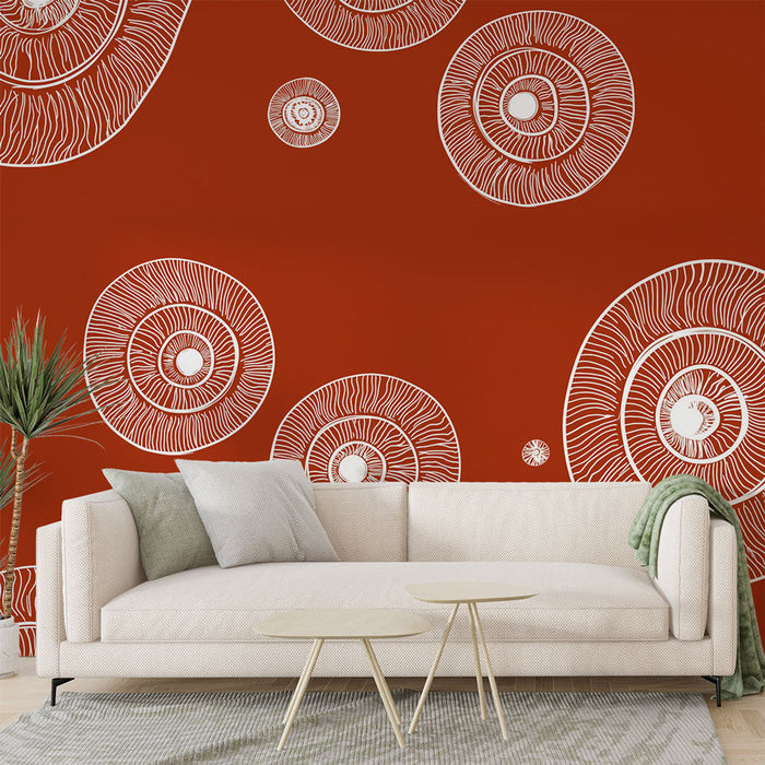 Tapeta s kruhovými vzory | Grafické prvky v bílé barvě na terakotově červeném pozadí
