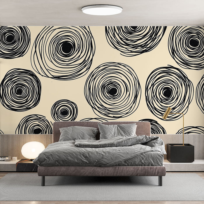 Тапет с кръгли модели | Черни спирални линии на кремав заден план