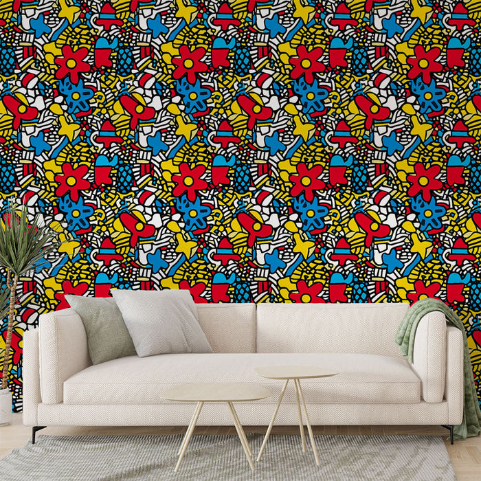 Fototapet renkli desenler | Siyah arka plan üzerinde çiçekler ve yıldızların karışımı