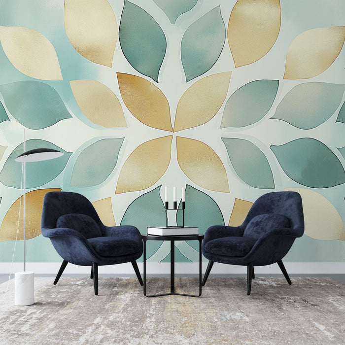 Listi tapet z vzorci listov | Mehki naravni toni in zlati sijaj