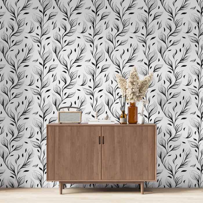 Fototapet с листенца | Елегантни черни листа на бял фон