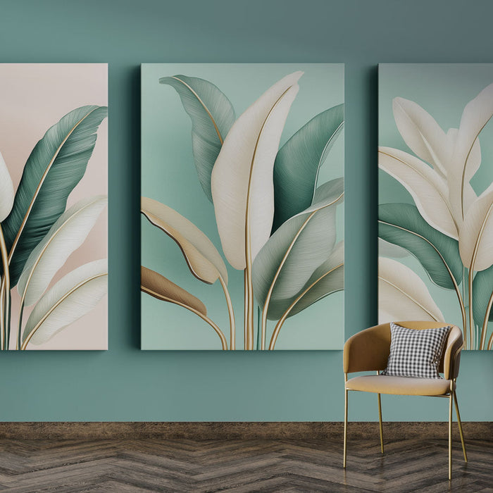 Tapetti lehtikuvioita | Elegantteja trooppisten lehtien kuvituksia pastellitaustalla