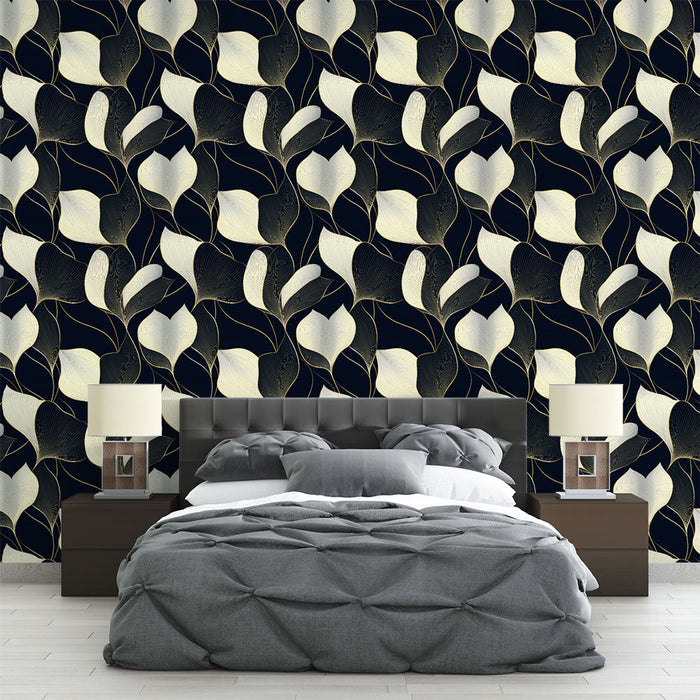 Mural Wallpaper leaf motifs | Floral elements in black and white on a dark background